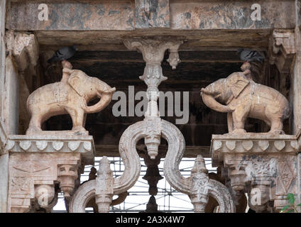 Gli elefanti statuti Raniji ki baori chiamato il Queen's stepwell, Rajasthan, Bundi, India Foto Stock