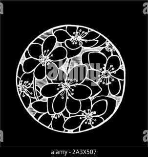 Bianco e nero sakura pattern. Naturale motivo cosmico. Gesso su una lavagna. Illustrazione Vettoriale