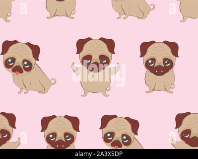 Cartoon kawaii pug in diverse espressioni e pone illustrazione. Illustrazione Vettoriale