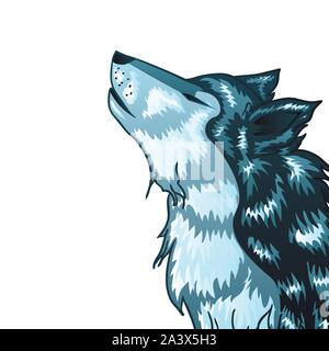 Cartoon stilizzato grigio testa di lupo, urlando Wolf. Illustrazione Vettoriale