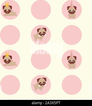 Cartoon kawaii pug con party puntelli in diverse pose. Illustrazione Vettoriale