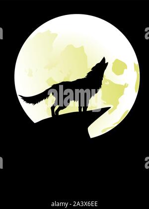 Silhouette di lupo ulula alla luna in la mezzanotte. Illustrazione Vettoriale