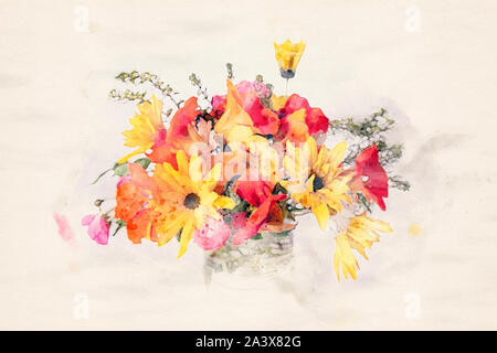 La pittura ad acquerello del bouquet colorato di giallo e fiori di colore rosso su sfondo bianco. Foto Stock