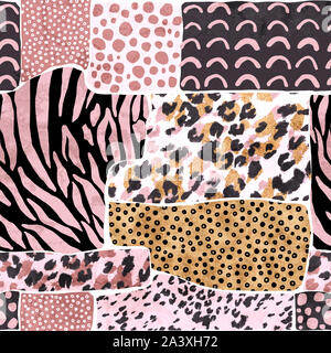 Pelle di animale seamless pattern. Sfondo geometrico con leopard spotted imitazione pelliccia, strisce di zebra, creative gatto selvatico rosette in bronzo con lamina dorata Foto Stock