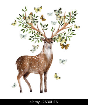 Dipinto a mano acquerelli di corna di cervo con foglie, rami, butterfly isolati su sfondo bianco. Arte animale illustrazione per invito, Wedding, gr Foto Stock