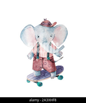 Carino baby elephant skateboard isolati su sfondo bianco. Cartoon hipster carattere animale. Acquerello illustrazione di vivaio. Disegnata a mano infantile Foto Stock