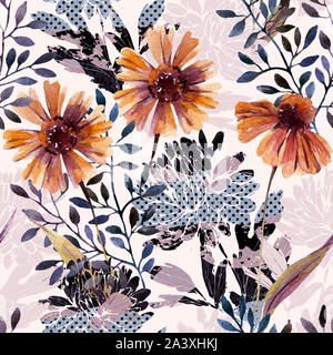 Autunno sfondo. Abstract floral seamless pattern. Acquerello fiori, foglie e rami di alberi riempiti con minimo doodle texture. Dipinto a mano illus Foto Stock