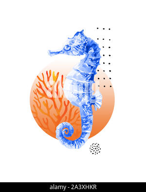 Acquerello cavalluccio, Coral reef in gradiente cerchio colorato con doodle elementi isolati su sfondo bianco. Arte moderna in stile minimal. Painte a mano Foto Stock