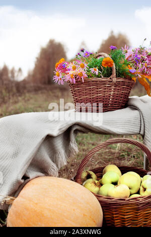 Mele, zucca, autunno fiori in un cestello. Bella immagine per l'autunno di umore. Messa a fuoco selettiva. Foto Stock