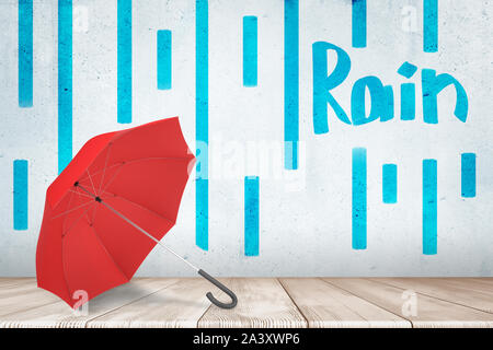 3D rendering di ombrellone rosso con blu 'Rain' firmare e disegnati a mano modello di pioggia sul muro bianco sullo sfondo Foto Stock