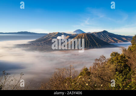 Il monte vulcano Bromo, isola di Giava orientale, Indonesia. Copertura nuvolosa il piano della valle; Luhur ri Tempio ai piedi del cono. Foto Stock