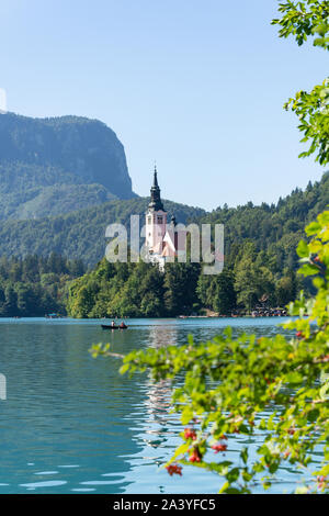 Vista sul lago di Bled e Isola, lago di Bled Bled, Alta Carniola Regione, Slovenia Foto Stock