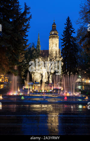 Fontana di Santa Elisabetta Cattedrale di notte a Kosice, Slovacchia Foto Stock