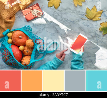 Corrispondenza colore tavolozza autunnale da laici piatto con mani tenendo il telefono cellulare, zucche in Blu menta sacchetto di stringa, arancione sweate, avvolto dono e giallo Foto Stock