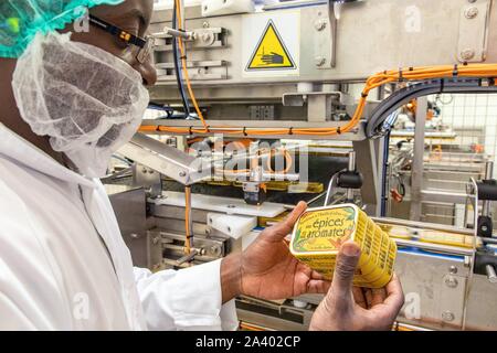 Il controllo di qualità delle scatole di sardine, LA BELLE-ILOISE CANNERY, Quiberon, MORBIHAN (56), Francia Foto Stock