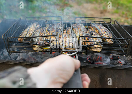 Vista la mano di un uomo con un barbecue grill con pesce fritto con limone sul chargrill all'aperto sulla natura Foto Stock