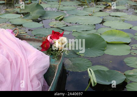 In barca sul lago con lotuses Foto Stock