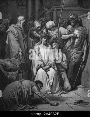 La corona di spine sulla sua testa. (Giovanni 19:2). Incisione. La Bibbia Illustrazione da Gustave Dore. Xix secolo. Foto Stock