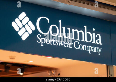 Shenzhen, Guangdong, Cina. 5 Ottobre, 2019. Il Columbia Sportswear Company logo visto in Shenzhen. Credito: Alex Tai/SOPA Immagini/ZUMA filo/Alamy Live News Foto Stock