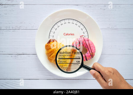 Il conteggio delle calorie, controllo degli alimenti e nutrizione dei consumatori fatti concetto etichetta. donut e croissant sulla piastra bianca con linguetta scale per calorie meas Foto Stock