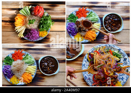 Preparare l'ingrediente cibo per vegano mescolato vermicelli con verdure, peperone rosso, giallo, cavolo viola, coriandolo, cetriolo, carota, vegetariano Foto Stock