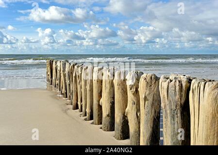 Pennelli, pali di legno come frangiflutti sulla spiaggia vicino a Kampen, Sylt, Frisone Settentrionali, Isola del Mare del Nord, Nord Frisia, Schleswig-Holstein, Germania Foto Stock