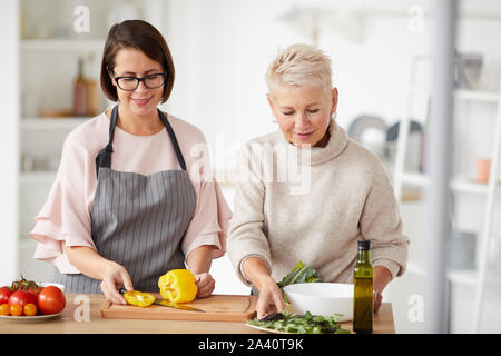 Due donne in piedi insieme in cucina e preparare la cena per la famiglia Foto Stock