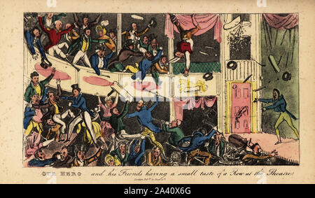 Un pubblico tafferugli in platea in un teatro di Dublino, 1821. Il nostro eroe e i suoi amici avente un piccolo assaggio di una riga al teatro. Handcolored incisione da Pierce Egan reali della vita in Irlanda o il giorno e la notte di scene, stoppini, passeggiate e Sprees, tori, svarioni, Bodderation e Blarney, di Brian Boru Esq., e il suo amico elegante Sir Shawn O'Dogherty, pubblicato da William Evans, Londra, 1829. Foto Stock