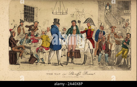 Gentiluomo irlandese in Crofton il whisky e birra bar nella prigione di Dublino, 1821. In bancarotta Brian Boru con i suoi amici in osteria a bere con i criminali e i debitori. Il rubinetto in sceriffo della prigione. Handcolored incisione da Pierce Egan reali della vita in Irlanda o il giorno e la notte di scene, stoppini, passeggiate e Sprees, tori, svarioni, Bodderation e Blarney, di Brian Boru Esq., e il suo amico elegante Sir Shawn O'Dogherty, pubblicato da William Evans, Londra, 1829. Foto Stock