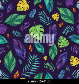 Seamless pattern nella giungla. Foglie tropicali su un viola scuro dello sfondo. Colori luminosi. Foto Stock