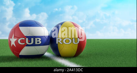 La Romania vs. Cuba partita di calcio - palloni da calcio in Romania e a Cuba i colori nazionali su un campo di calcio. Copia dello spazio sul lato destro - il rendering 3D Foto Stock