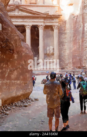 Acquerello illustrazione: turisti alla fine del Siq a piedi verso il grande tesoro delle rovine di Petra in segno di stupore. Foto Stock
