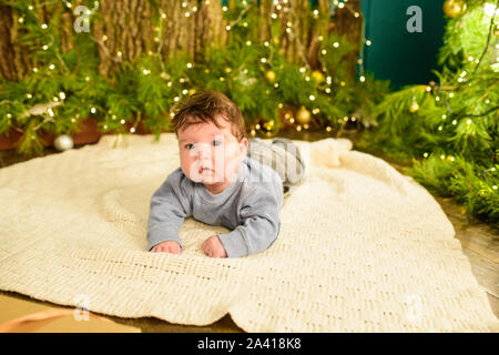 Un bambino vicino a un albero di Natale. Little Boy festeggiano il Natale. del bambino prima di natale. Foto Stock