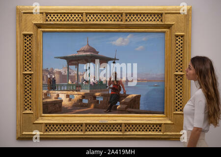 Sotheby's New Bond Street, Londra, Regno Unito. 11 ottobre 2019. Sotheby's orientaliste & Middle Eastern Settimana comprende importanti opere dalla collezione Najd, la collezione Shakerine, arte del XX secolo/Medio Oriente, ed arti del mondo islamico prima della vendita su 22 & 23 Ottobre. Immagine: Jean-Léon Gérome. L'Harem nel kiosk, preventivo £3,000,000-5.000.000. Najd collezione. Credito: Malcolm Park/Alamy Live News. Foto Stock