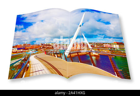 Urban Skyline di Derry City (chiamato anche Londonderry) con il "ponte di pace' (Europa - Irlanda del Nord) - 3D render Concetto di immagine di una foto aperta Foto Stock