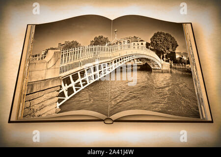 Il più famoso ponte di Dublino chiamato metà penny Bridge - Vintage e retrò effetti fotografici aggiunto - 3D render aperto photo book - Io sono il copyright ow Foto Stock