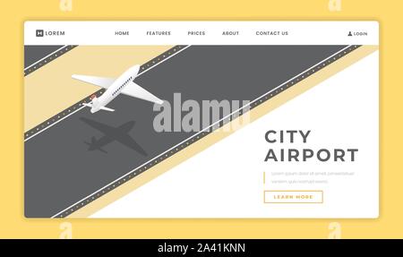 Il City airport landing page template vettoriale. Trasporto passeggeri l'industria website homepage idea di interfaccia con illustrazione isometrica. Linee aeree commerciali servizio banner web 3D Concept cartoon Illustrazione Vettoriale