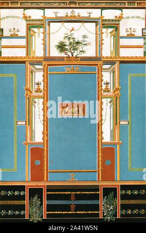 La decorazione parietale, Pompei, Italia, (1928). Pannelli con trompe l'oeil specchi e bordure floreali, 'Circa 50 d.C...parete del tablinum nella "Casa della seconda (piccola) Fontana"." Dopo Antonio Niccolini. Piastra XXXIII, figura 81, da "un'enciclopedia di decorazione a colori fin dai primi tempi alla metà del XIX secolo" con testo esplicativo da Helmuth Bossert. [Ernst Wasmuth Ltd., Berlino, 1928] Foto Stock