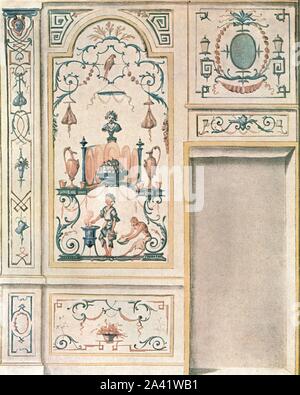 Design per una sala da pranzo a parete, Francia (1928). "Circa 1715-1720...attribuita a Claude Gillot [1673-1722, nato a Parigi]...noto come [Jean-Antoine] Watteau insegnante dell'. Dopo un acqua-colore. Piastra XCV, figura 188, da "un'enciclopedia di decorazione a colori fin dai primi tempi alla metà del XIX secolo" con testo esplicativo da Helmuth Bossert. [Ernst Wasmuth Ltd., Berlino, 1928] Foto Stock