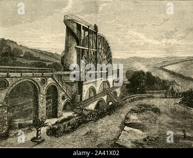 "Grande Ruota a Laxby', 1898. Laxey ruota su una collina sopra il villaggio di Laxey nell'Isola di Man, progettato da Robert Casement di pompare acqua dal grande Laxey Mines complessi industriali, è stata la più grande waterwheel lavoro nel mondo. Da "Il nostro Paese, volume V". [Cassell and Company, Limited, Londra, Parigi &AMP; Melbourne, 1898] Foto Stock