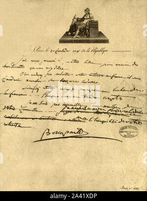 Lettera dal Primo Console Napoleone Bonaparte al conte di Provenza, 6 settembre 1800, (1921). "Lettre du Premier Consul au Comte de Provence'. Napoleone scrive a Luigi, il conte di Provenza (futuro re Luigi XVIII): 'Sir, ho ricevuto la vostra lettera. Vi ringrazio per il genere di cose che scrivi su di me. Non si deve desiderare per il vostro ritorno in Francia. Sarebbe necessario passo su 100.000 dei cadaveri. Sacrifica il vostro interesse per la pace e la felicità della Francia...La storia ricorderà che la vostra carta di credito. Io non sono indifferenti alla tua famiglia disgrazie. Sarò felice di contribuire per il comfort e la tranquillità Foto Stock