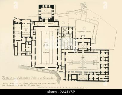 " Il piano del Palazzo Alhambra di Granada", secolo XIX, (1907). Il piano terra del palazzo e fortezza complesso alla Alhambra di Granada, Spagna, che principalmente risale al XIV secolo. 'Sparticolarmente disegnati per il Signor Albert F. Calvert il libro...da misurazioni dal compianto onorevole Jules Goury'. Da "L'Alhambra: essendo una breve registrazione della conquista araba della penisola con un conto in particolare del Mohammedan Architettura e decorazione" da Albert F. Calvert. [John Lane, Londra &AMP; New York, 1907] Foto Stock