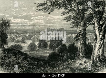 'Il castello, da Bishopsgate', C1870. Il Castello di Windsor e costruito nel XI secolo dopo l invasione dei Normanni in Inghilterra da Guglielmo il Conquistatore. Dal pittoresco Europa - Le Isole Britanniche, Vol. Io". [Cassell Petter &AMP; Galpin, Londra, c1870] Foto Stock