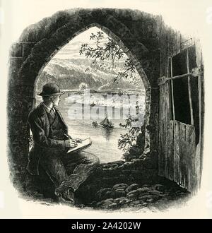 "L'accordo di Wye, da Chepstow Castle', C1870. Post-Roman fortificazione in pietra sul fiume Wye, la costruzione è iniziata nel 1067 sotto il Signore normanno Guglielmo FitzOsbern, dal settecento era caduto in rovina. Dal pittoresco Europa - Le Isole Britanniche, Vol. II". [Cassell Petter &AMP; Galpin, Londra, c1870] Foto Stock