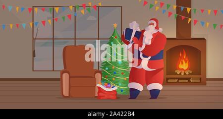 Babbo Natale visita illustrazione vettoriale. Il vecchio uomo barbuto, Xmas il carattere di simbolo in costume rosso immissione presente al di sotto dell albero di Natale. Stagione invernale atmosfera di festa in camera accogliente con caminetto e ghirlande Illustrazione Vettoriale