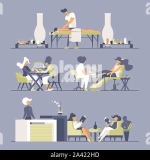Salone di bellezza flat illustrazioni vettoriali set. Manicurists, massaggiatore, receptionist e i clienti i personaggi dei cartoni animati. Massaggio rilassante, manicure e pedicure procedure, donne aspettare alla reception Illustrazione Vettoriale
