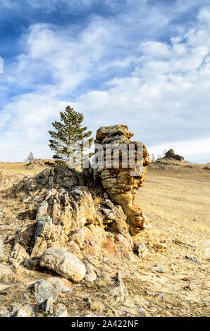 Tazhenranskaya steppa sulla costa occidentale del lago Baikal, Siberia Foto Stock