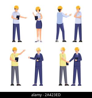 Impresa di costruzione i lavoratori illustrazioni piatto set. Professional builders, ispettori di sicurezza, foreman client e i personaggi dei cartoni animati. Studio di architettura personale, edilizia gli elementi di design Illustrazione Vettoriale