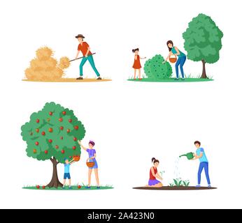 Agriturismo La stagione di raccolta illustrazioni piatto set. Cartoon rancher lavora con forcone vicino pagliaio, la madre e il bambino la raccolta di mele e mirtilli. Gli agricoltori la coltivazione e fiori di irrigazione Illustrazione Vettoriale