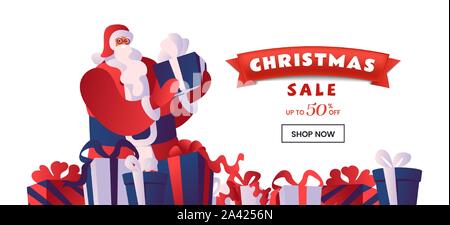 Vendita di Natale vettore piana landing page modello. Santa con confezioni regalo. Vacanze invernali il 50 percento di sconto offerta, la clearance totale, prezzo speciale annuncio pubblicitario per il negozio online homepage il layout di progettazione Illustrazione Vettoriale